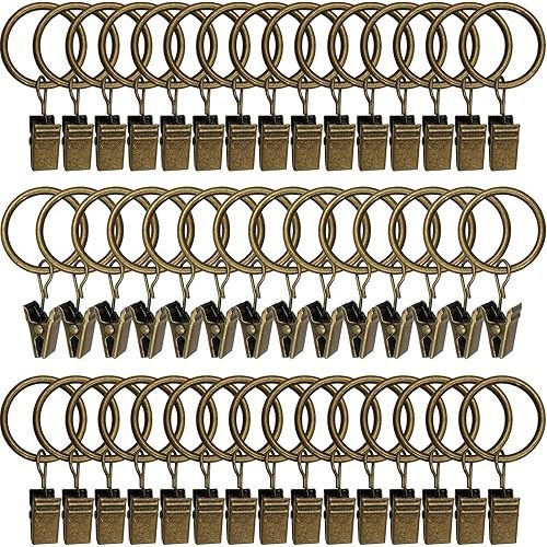 44 Pack Metal Curtain Rings with Clips, Drapery Clips with Rings, Drapes Rings 1 inch Inner Diameter, Fits Diameter 5/8 inch Curtain Rods, Vintage Bronze