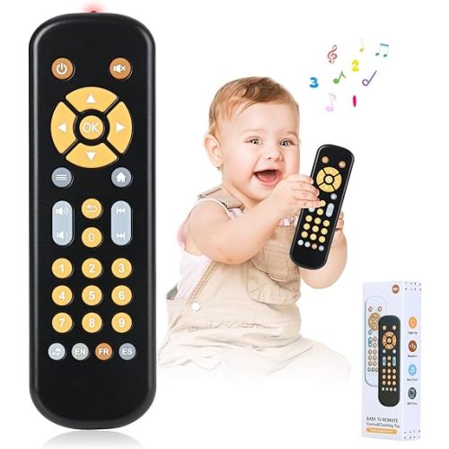 Baby TV Remote Control Toy with Sound and Light, Music Toys for Baby 6-24 Months, Infant Teether Toys, Early Development Toys with 3 Language English/French/Spanish for Toddlers 6 12 18 Month