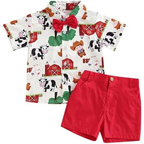 Toddler Baby Boy Christmas Clothes Santa Cow Print Short Sleeve Button Bowtie Shirt Bib Shorts Set Gentleman Outfit