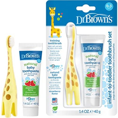 Dr. Brown's Infant-to-Toddler Training Toothbrush Set with Strawberry Fluoride-Free Toothpaste 1.4 oz, Soft for Baby's First Teeth, Giraffe, BPA Free, 0-3 Years