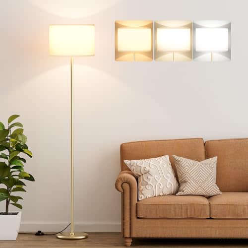 Ambimall 60'' Modern Floor Lamp with Shade, Tall Lamps for Living Room, Bedroom, Office, Dining Room, White Shade with Gold Pole(Without Bulb)