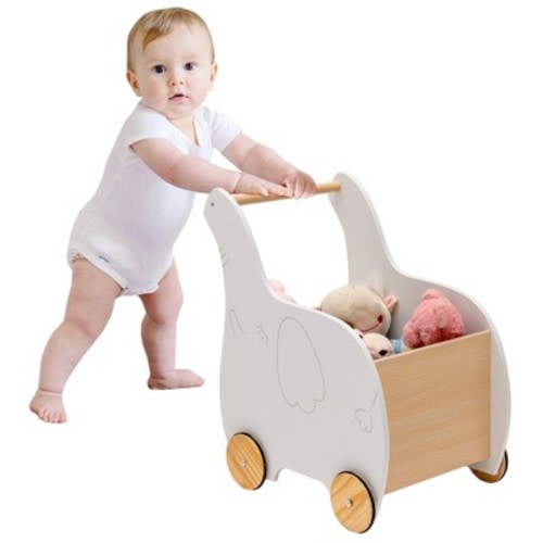 Costway 2-in-1 Baby Learning Walker Wooden Toddler Push Walker Toys w/ Wheels