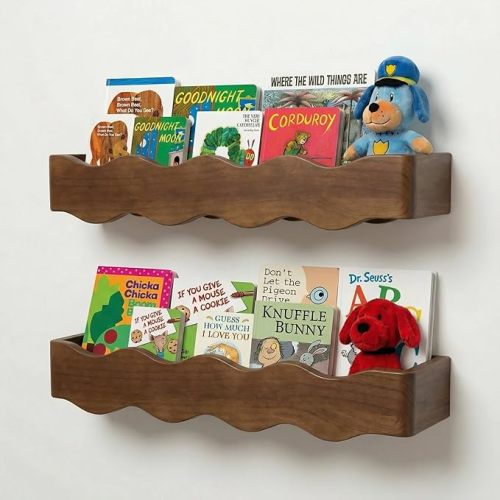 Ovalo Nursery Book Shelves Set of 2 - Solid Pine Wood Nursery Bookshelf, Floating Nursery Shelves for Wall, Wall Bookshelf for Kids Room, No-Assembly Wall Mounted Baby Book Shelf. (Walnut Brown)