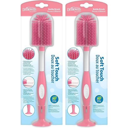 Dr. Brown's Soft Touch No Scratch Baby Bottle Cleaning Brush Nipple Cleaner with Stand and Storage Clip, BPA Free, Pink 2-Pack