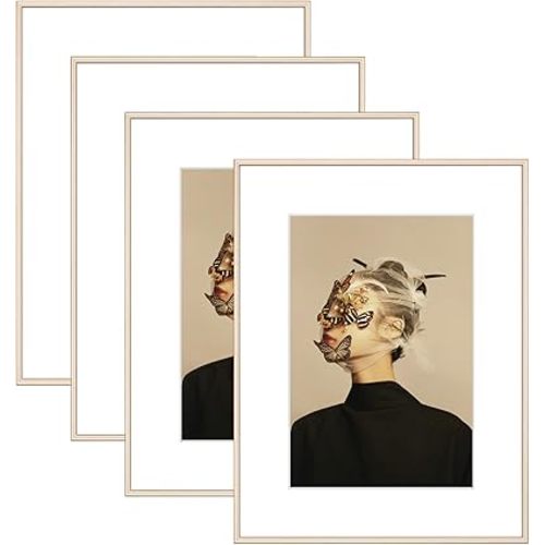 12x16 Picture Frame Set of 4, Matted Brass Simple Modern Brushed Thin Aluminum Metal Photo Frame Fits 8x12 with Mat or 12 x 16 without Mat Vertical and Horizontal for Tabletop and Wall Mounting