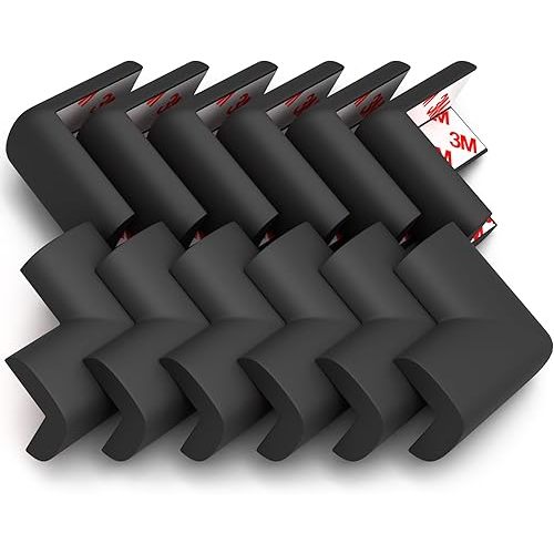 12-Pack Corner Protectors Baby Proof, Furniture Corner and Edge Safety Bumpers, Soft Rubber Foam Cushion Covers, 3M Taped Corner Guards, Baby Child Proofing Pads, Table Corner Protectors, Black