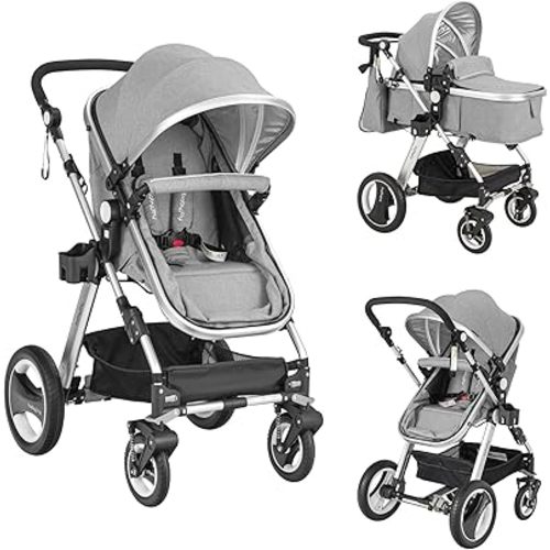 BABY JOY Baby Stroller, 2-in-1 Convertible Bassinet Reclining Stroller, Foldable Pram Carriage with 5-Point Harness, Including Cup Holder, Foot Cover, Diaper Bag, Aluminum Structure, Gray