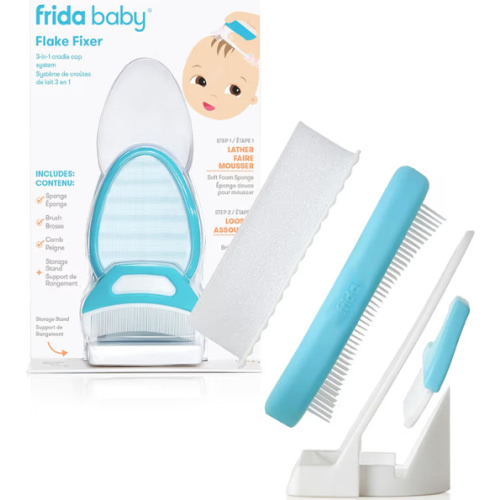 Frida Baby The 3-Step Cradle Cap System Kit & Cradle Cap Treatment, DermaFrida The FlakeFixer, Sponge, Brush, Comb and Storage Stand for Babies with Cradle Cap, White-Blue