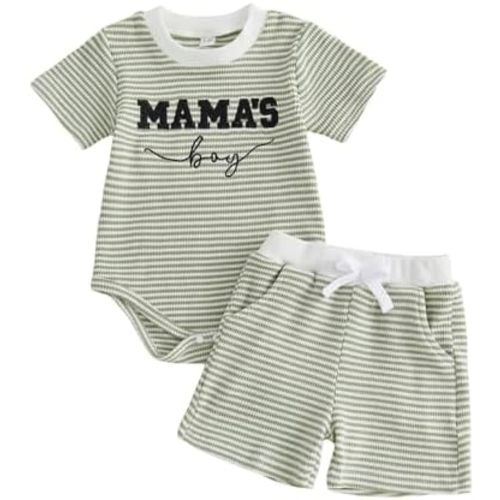FOCUSNORM Newborn Baby Boy Summer Clothes 3 6 12 18 Months Outfit Letter Embroidery Waffle Short Sleeve Romper & Shorts Set