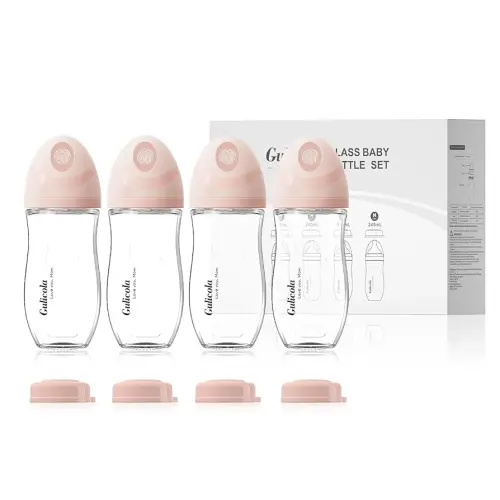 Natural Glass Baby Bottle 8 oz for Breastfed Babies, Anti-Colic Baby Bottle Set with Medium Flow Nipple, 3 Months +, 4 Pack - Pink