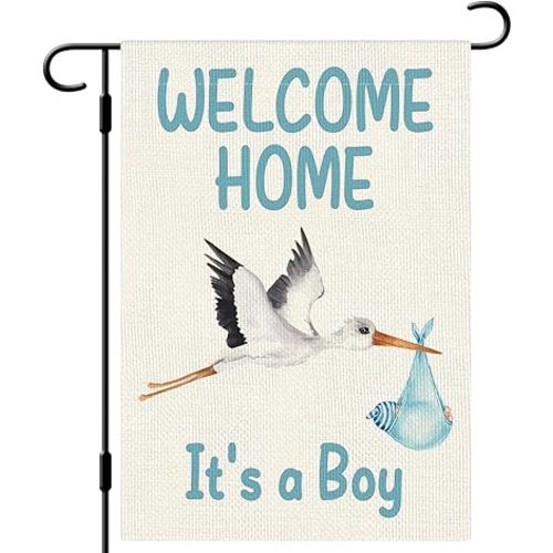 DLZDN Welcome Home Baby Boy Garden Flag Baby Shower Garden Flag 12×18 Inch Double Sided Burlap Flag Newborn Gender Reveal Lawn Yard Sign Stork Outdoor Decoration