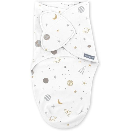 SwaddleMe by Ingenuity Monogram Collection Baby Swaddle, 100% Cotton, Improves Sleep & Calms Startle Reflex, 0-3 Months, Pocket Fold Design for Easy Changes, 1.0 TOG, 1-Pack - Sunset Space