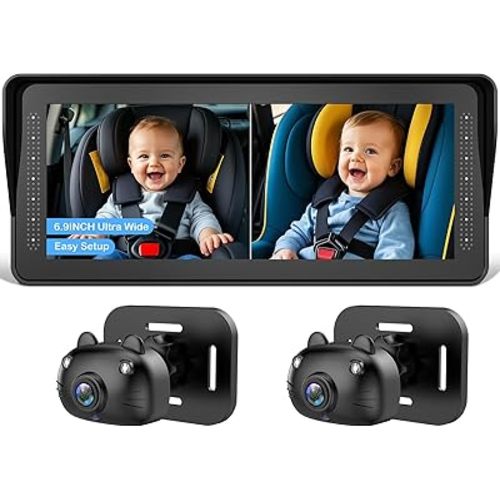 Dual Baby Car Camera for 2 Kids - 6.9” HD Display with Ambient Lighting, Rotatable Night Vision Cameras, Easy Setup, Ideal for Parents, Grandparents, Nannies, Safe & Clear Viewing