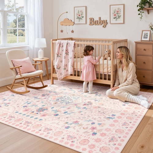 Wonnitar, Area Rug, 5' x 7', Pink Floral for Girls Bedroom Nursery