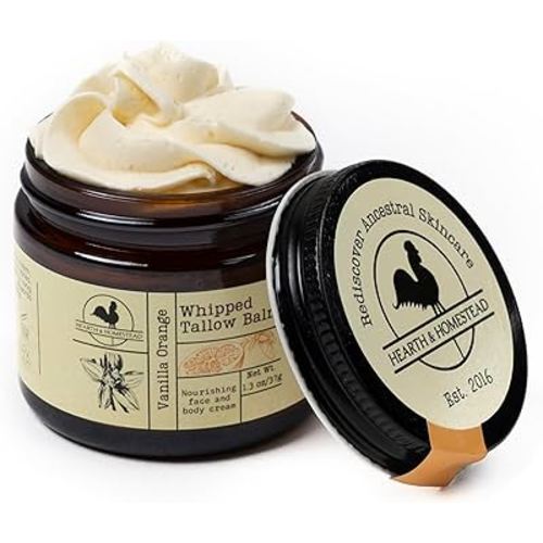 Hearth and Homestead: Handmade Whipped Tallow Balm (Vanilla Orange) - Organic Body Butter with Infused Olive Oil, for Eczema, Rosacea, Baby - 1.3 oz