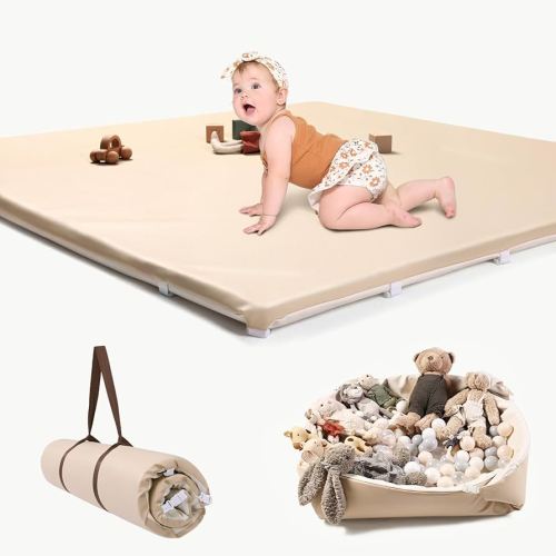 Baby Padded Floor Mat: 2025 Upgrade 2-in-1 Foldable 47x47 Foam Soft Mat & Play Pit- 1.4inch Extra Thick Vegan Leather Waterproof Play Mat for 50x50 Playpen -Playmat for Infants Babies