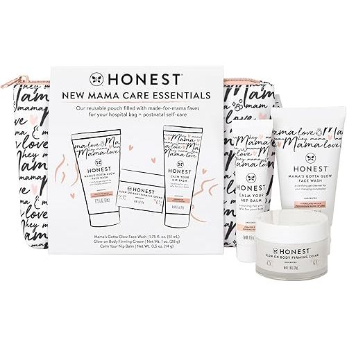 The Honest Company New Mama Care Essentials Gift Set | Hospital Bag Must Haves | Travel Size Nip Balm (0.5 oz), Glow On Body Cream (1 oz), Gotta Glow Face Wash (1.75 fl oz), Reusable Pouch