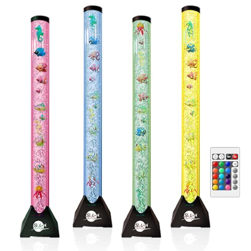 Brewish 4FT Sensory LED Water Bubble Fish Tube Floor Lamp with 16 Color Changing Light Effects – Fake Aquarium Tank Night Light and Gift for Kids, Autism, Men & Women - Remote Control & 12 Fishes