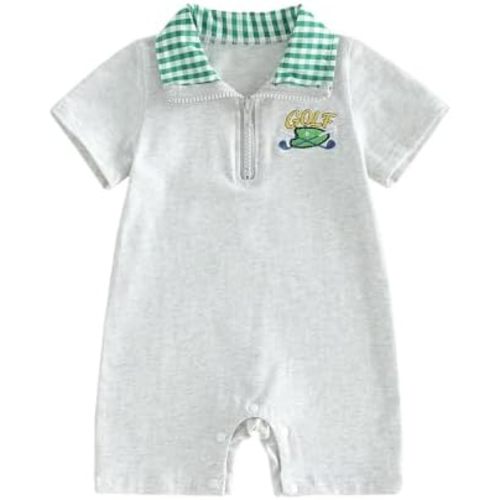 Sasaerucure Newborn Baby Boy Summer Clothes Golf Cart Plaid Collared Short Sleeve Romper Jumpsuit One Piece Outfit