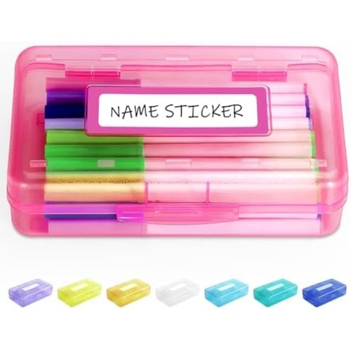 Sooez Pencil Box with Personalized Sticker, Large Hard Pencil Case Organizer, Clear Plastic Crayon Box for Girls and Boys, Colored Marker Organizer, Small Plastic Containers/Bins with Lids, Art Supply
