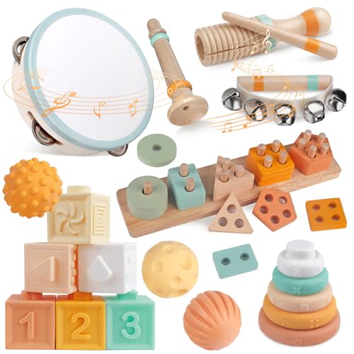 Montessori Toys Wooden Musical Instruments for Kids, Percussion Instruments Music Toy Set with Tambourine, Handbells, Clarinet, Sounder for Toddlers, Educational Toys for Baby (Natural Color)