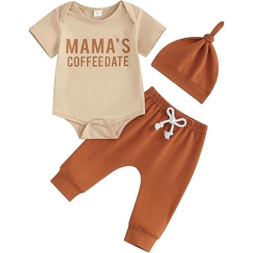FIOMVA Newborn Baby Clothes Boy Funny Letter Short Sleeve Onesie Romper+Long Pants Set Infant Summer Outfits - 0-3 Months - Khaki Mama's Coffee Date