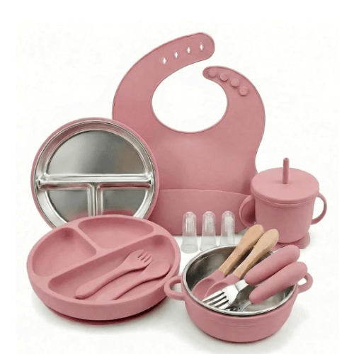 16 Pack Silicone Baby Feeding Set with Suction Plates & Bowls, Stainless Steel Insert, Fork & Spoon, Bib, Sippy Cup, First Stage Baby Eating Utensils for 6+ Months