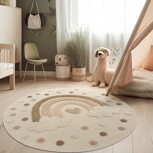 Paco Home Modern Kids Rug for Nursery with Carved Rainbow Motif and Dots in Cream Beige, Size: 4' Round