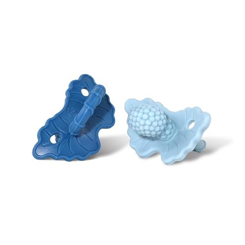 RaZbaby RaZberry Silicone Teether Pacifier – Teething Relief for Infants, Food-Grade, Hands & BPA Free, Natural Berrybumps Fruit Texture for Sensory Development, Freezable, 2-Pack - Dark & Light Blue