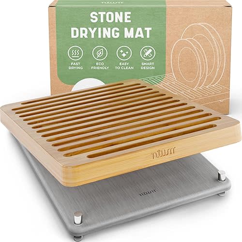 NIUM Stone Drying Mat for Kitchen Counter & Bamboo Rack - 16″x12″ - Diatomaceous Earth Dish drying mat Ultra Absorbent & Fast Drying - EcoFriendly with Non-Slip Pads & Anti-Moisture Design