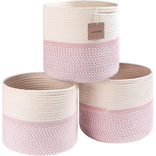 voten Cube Storage Baksets Bins 11x11’’ Fit 12x12’’ Organizer Bookcases Shelving,Stylish&Durable Woven Cotton Basket Containers for Organizing 3-Pack Off White/Mixed Pink
