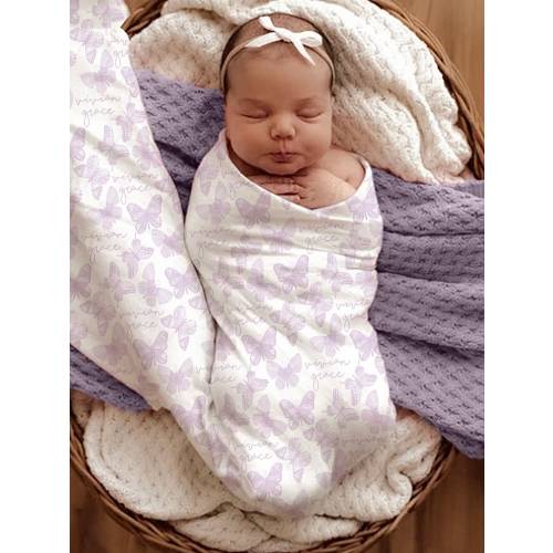 Lavender Butterfly Personalized Baby Girl Blanket/Purple Butterfly Swaddle with Name/Baby Shower Gift/ Personalized Baby Gown and Headband