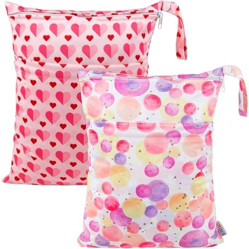 ALVABABY 2pcs Cloth Diaper Wet Dry Bags Waterproof Reusable with Two Zippered Pockets Travel Beach Pool Daycare Soiled Baby Items Yoga Gym Bag for Swimsuits or Wet Clothes LZ0102