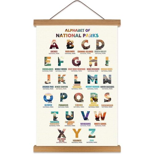KAIRNE National Parks ABC Poster,Nature Scenery Alphabet Canvas Art Print,Travel Themed Wall Decor with Wood Magnetic Hanging Decoration(35X56CM) Alphabet of National Parks for Traveler Room Decor