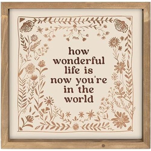 pechpell 11.8 Inch How Wonderful Life Is Now You'Re In The World Sign, Wooden Nursery Wall Art Inspirational Signs, Rustic Floral Decor Table Shelf Childrens Room Decorations for Home