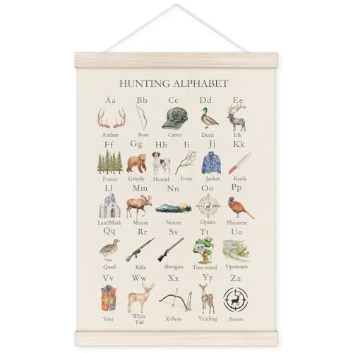 TWRVI Hunting Alphabet Poster Hanger with Wood Frame, Hunting Nursery Wall Art Decor for Classroom, ABC Educational Posters for Nursery Toddler Kids Room Bedroom Playroom Decor, 12x16 Inch