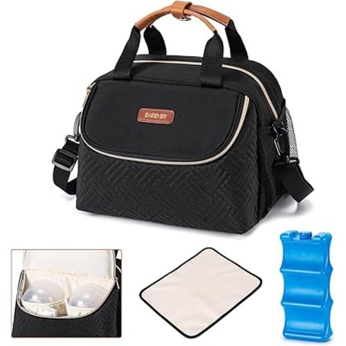 Breastmilk Cooler Bag with Ice Pack Fits 6 Baby Bottles up to 9 Ounce, Wearable Breast Pumps Cooler Bag for Nursing Mom Daycare, Work, Travel- Black