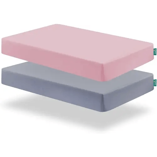 Biloban Pack and Play Sheets Fitted, 2 Pack Pack and Play Sheet Fits for Graco Pack n Play Mattress, Neutral Playard Sheets for Baby Boys and Girl, Grey & Pink, 38”X 26”