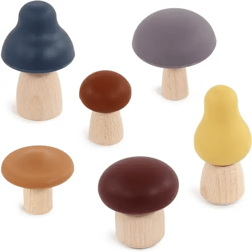 Hudson Baby 6pc Wood and Silicone Mushroom Toy Set, Dark, One Size