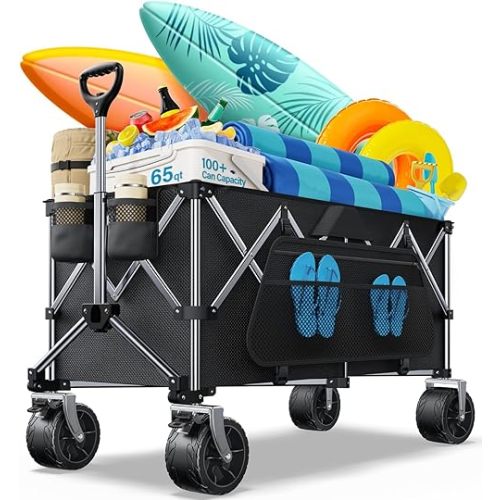 Collapsible Wagon, 440 lbs Foldable Utility Wagon Cart with Big Wheels, Heavy Duty Folding Wagon for Beach/Garden/Camping/Grocery-Black