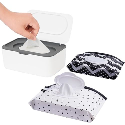 Wipes Dispenser with 2 Portable Wipe Cases, Wipe Holder for Baby & Adult, Seposeve Refillable Wipe Container, Keeps Wipes Fresh, One-Handed Operation. Easy Open/Close Wipes Pouch Case, (Grey)