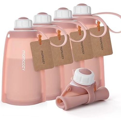 Momcozy Silicone Milk Storage Bags, Reusable Breastmilk Bags for Breastfeeding, 8.5oz/250ml Breast Milk Saver, Leakproof Milk Freezer Storing Pouches, BPA Free (Bean Paste Color, 5pcs)