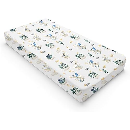 Cartoon Fairy Tale Dragon Moon Stars Clouds Trees Changing Pad Covers Watercolor Dragons Diaper Changing Table Cover Sheets for Boy Girl Soft Stretchy Snug Fitted Baby Changing Pad Mats 32''x16''