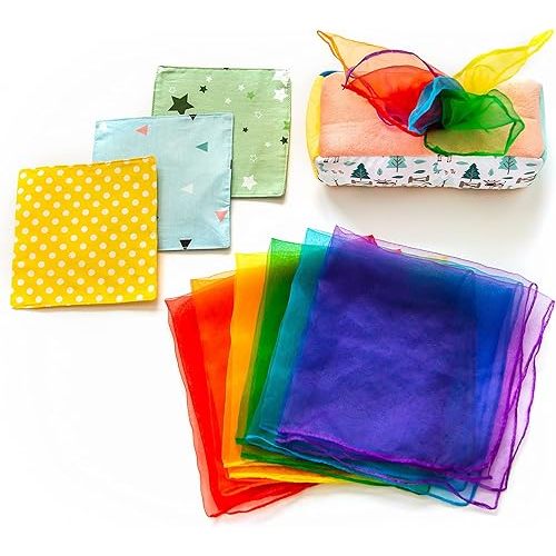Baby Tissue Box Toy - Montessori Play for Infants and Toddlers - Sensory Textured Box with 12pcs Matching Colorful Scarves and 3pcs Crinkle Paper
