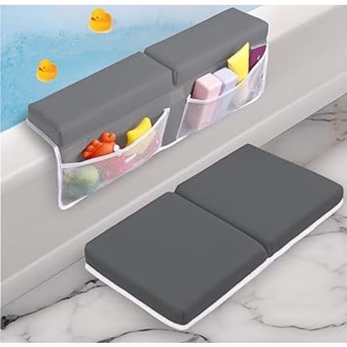 Baby Bath Kneeler and Elbow Rest Pad Set - Baby Bath Support for Knees and Elbows - Bath Kneeler Pad with Memory Foam and Bath Toy Organizer - Ideal Bath Kneeling Pad for Bathing Baby - Gray