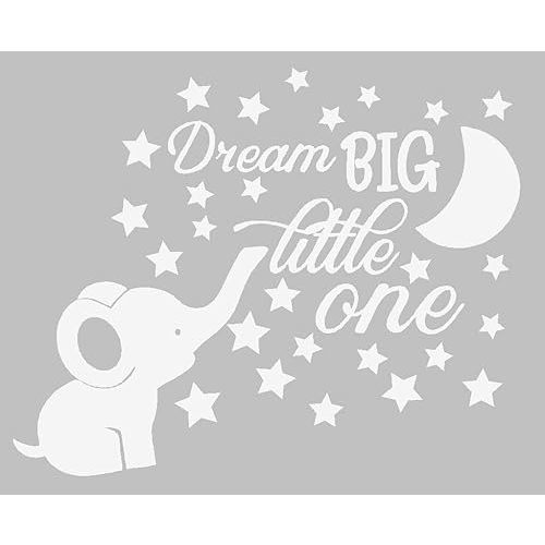 Dream Big Little One Lovely Elephant and Moon Stars Wall Decor Stickers for Kids Room Baby Girl Decals BA048 (White)