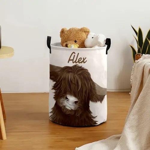 Highland Brown Cow Laundry Basket Personalized with Name Custom Dirty Clothes Storage Basket with Handle Foldable Round Storage Bin