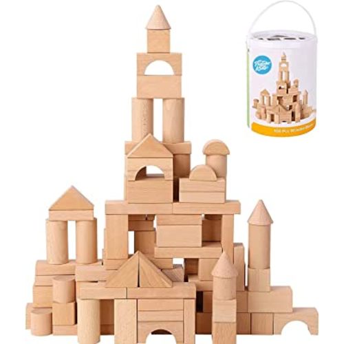Pidoko Kids Wooden Blocks - 100 Pcs - Building Blocks for Toddlers - Includes Storage Container with Shape Sorter Lid - Natural Beech Wood Blocks - Preschool Learning Toys Stacking Block
