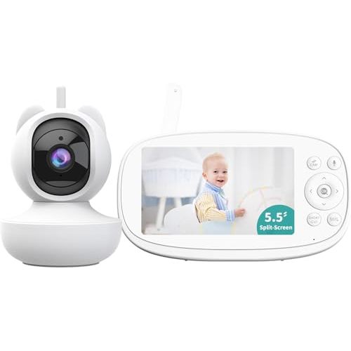 VIZOLINK Baby Monitor, 5.5" Split-Screen 2-Way Talk Video Monitor with Camera and Audio, Auto Motion Tracking, Al Virtual Fence, Local Playback, Cry Detection, 5X Zoom,VOX, No WiFi (White)