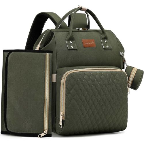Diaper Bag Backpack with Changing Pad, Pacifier Case, Baby Bag for Boy Girl Toddler - Large, Stylish, Waterproof Travel Quilted Diaper Bag for Mom - Baby Shower - Army Green